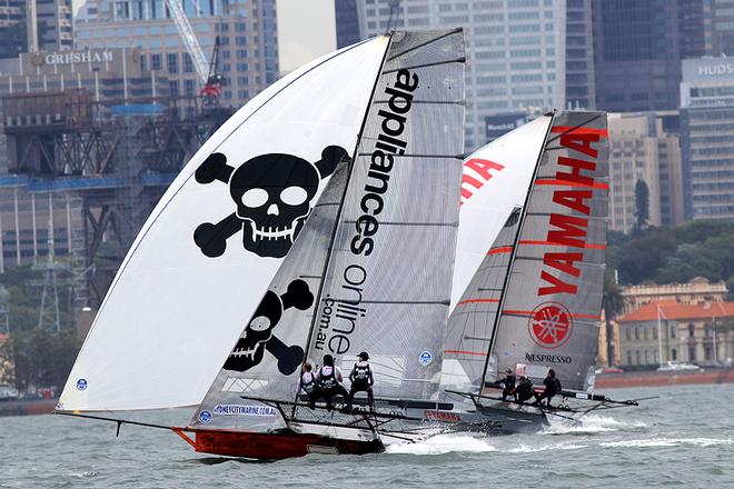 appliancesonline.com.au leads yamaha down the second run - JJ Giltinan 18ft Skiff Championship 2014 © Australian 18 Footers League http://www.18footers.com.au